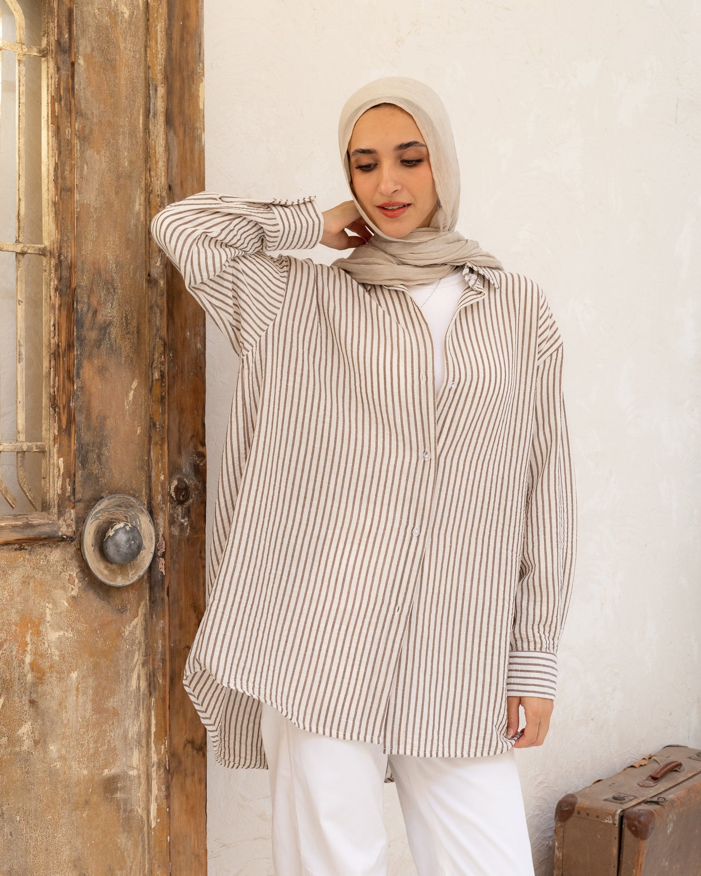 Oversized Stripped Shirt - Warm Beige