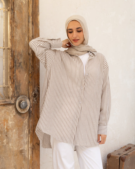 Oversized Stripped Shirt - Warm Beige