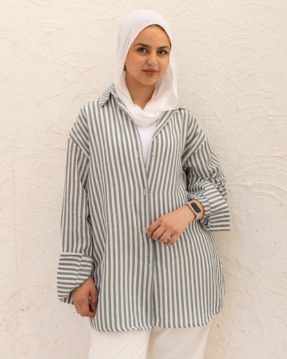 Oversized Stripped Shirt - Sage Green