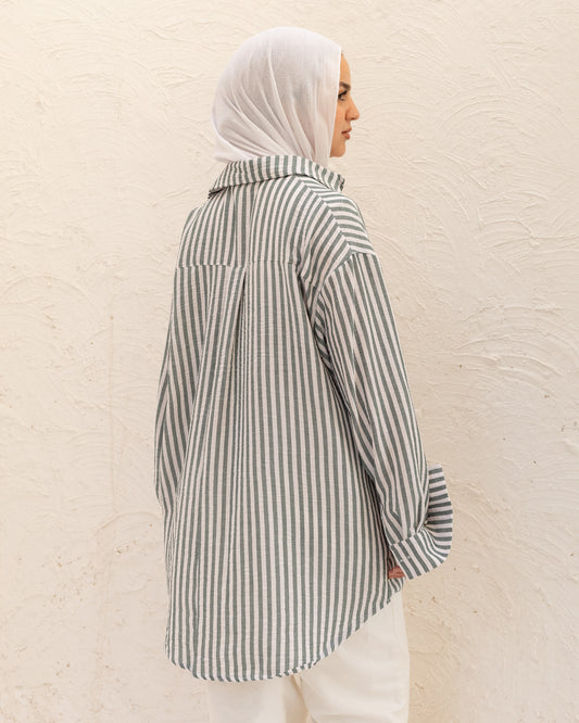 Oversized Stripped Shirt - Sage Green